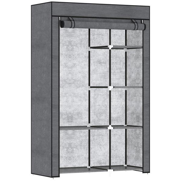 Dark grey fabric wardrobe with 6 shelves and hanging rail system, open front display.