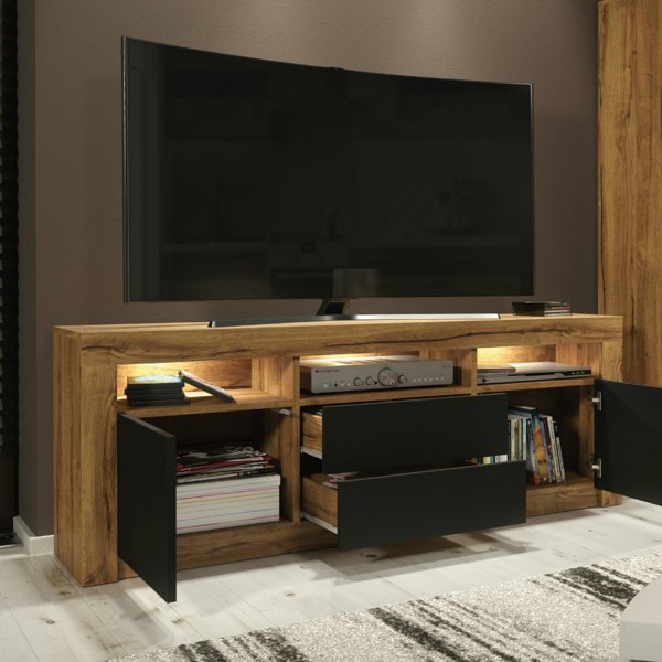 Mex Furniture Spacious 160cm TV Unit & Sideboard Cabinet with Black Matt Doors and Free LED