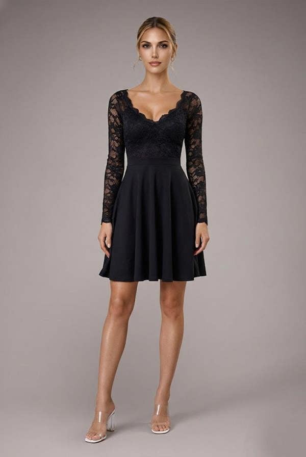 Off The Shoulder Lace Skater Mini Dress - Black DR2563C