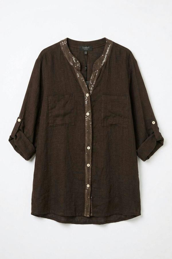 Brown | Sequin Trim 3/4 Sleeve Relaxed Shirt