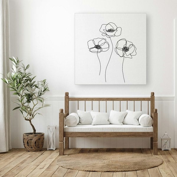 Warren Reed Monochrome Line Drawn Poppies Canvas