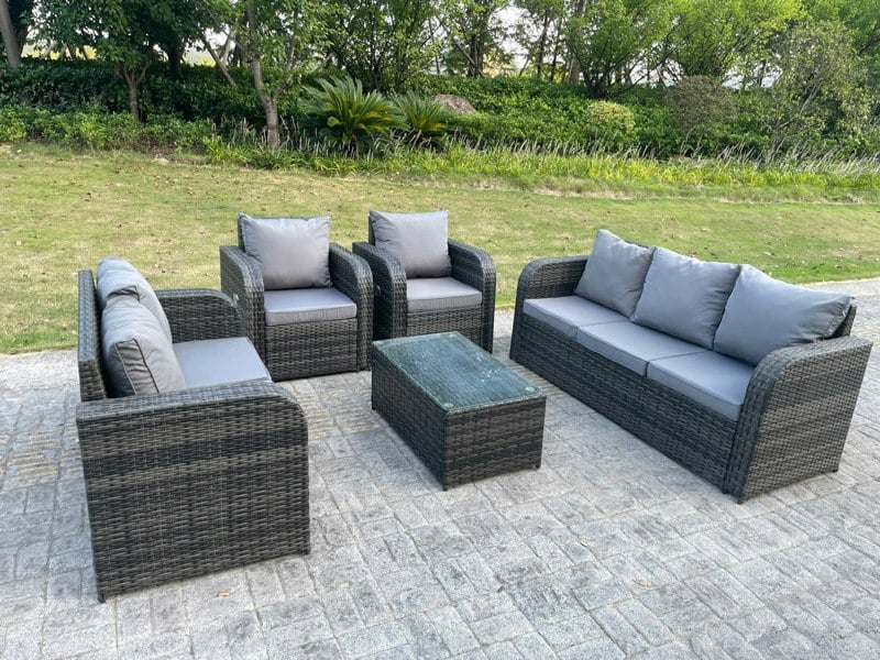 Fimous PE Rattan Garden Furniture Set Adjustable Chair Sofa Double Love Seat 2 Seater Sofa Lounge Set Oblong Coffee Table