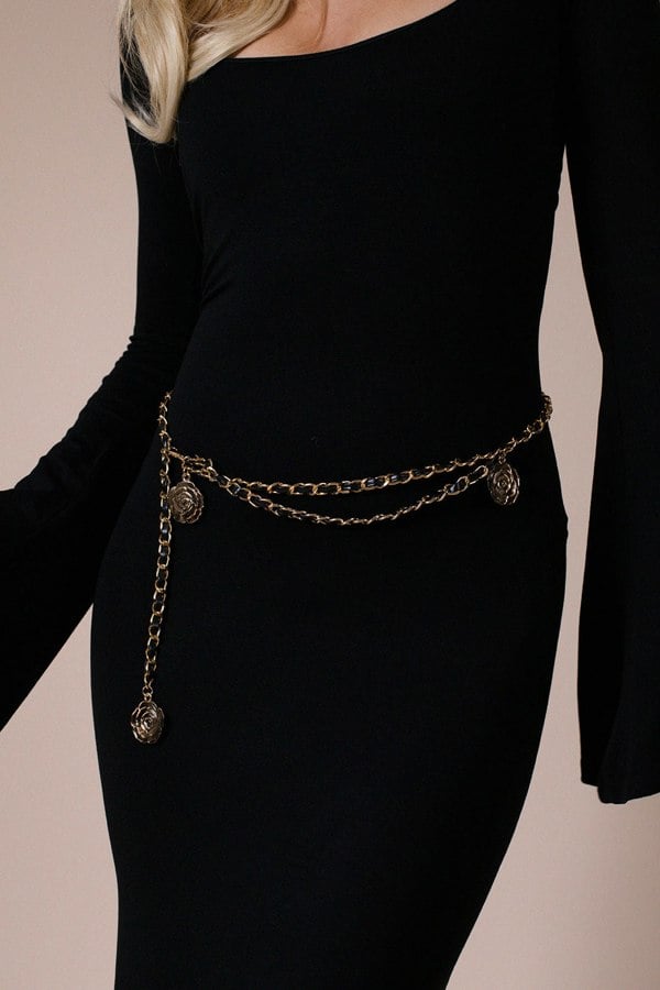 SVNX Rose Chain Faux Leather Belt In Black Gold