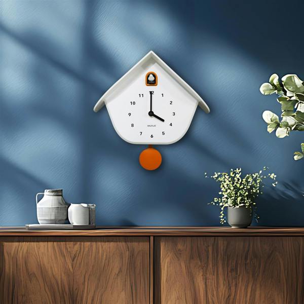 WALPLUS WC2165 Walplus White Cuckoo Wall Clock with Orange Accents & Pendulum, Modern Minimalist Battery Operated, 32.5cm