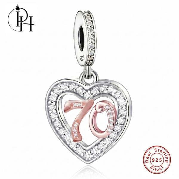 Parus Home 70th Birthday Charm Pandora Compatible 925 Sterling Silver Heart Dangle, Grandma Bracelet Gift