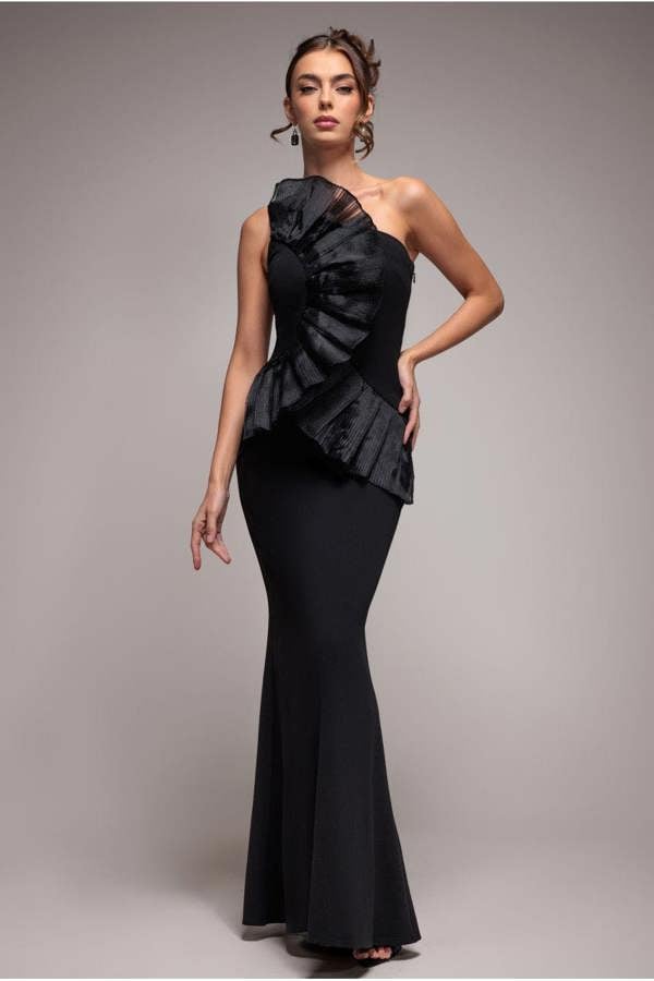 One Shoulder Pleated Fan Maxi Dress - Black DR4075