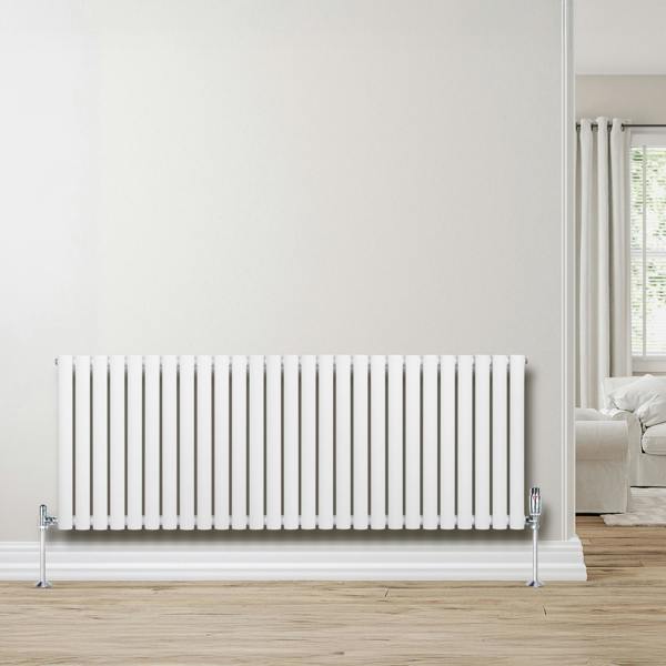 Oval single column radiator in white, 600mm x 1620mm, featuring sleek vertical bars and chrome valves, set against a light wall