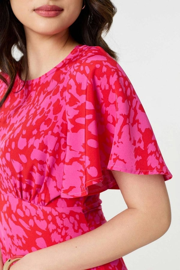 Red | Printed Angel Sleeve Knee Length Dress
