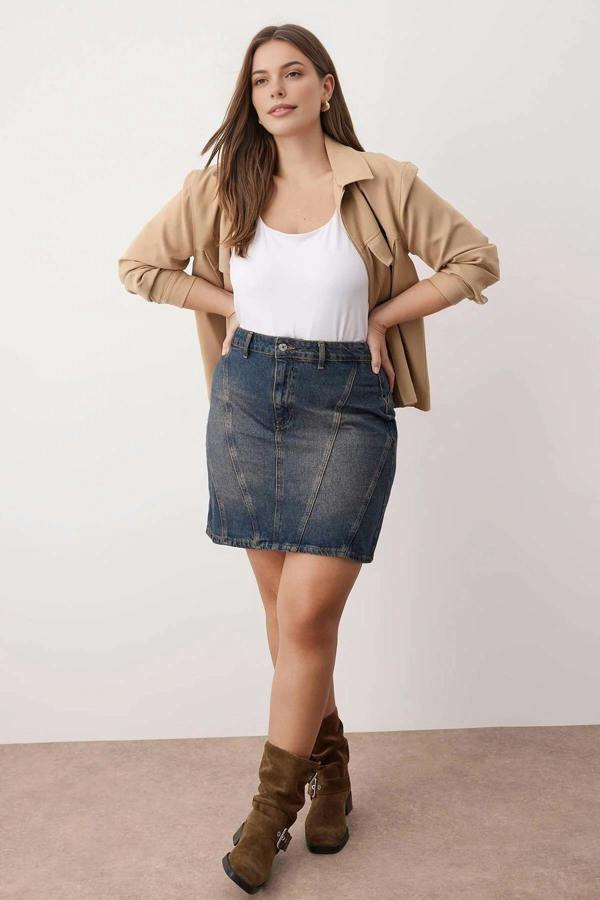 WOVCOR 100% Cotton Non-Stretch Mini Denim Skirt with Stitching Detail