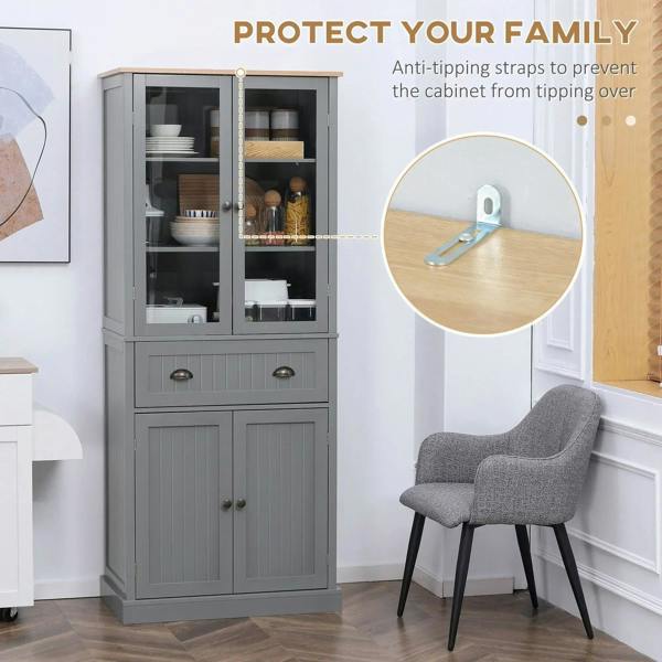 Grey freestanding pantry cupboard with open glass doors and anti-tipping strap
