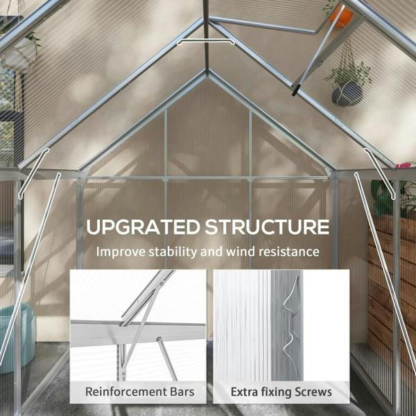 Interior view of aluminium walk-in greenhouse structure with reinforcement bars and screws