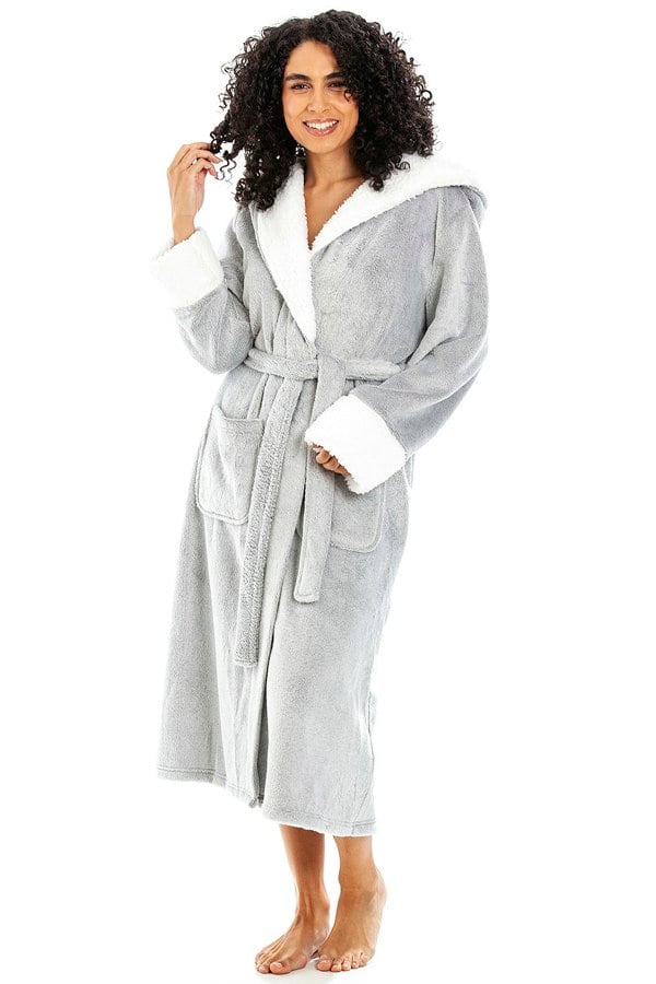 Camille Womens Light Grey Deep Pile Full Length Fleece Bathrobe with Sherpa Lined Hood & Cuffs