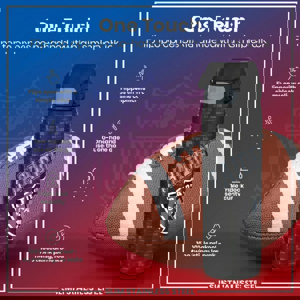 A Raiders-themed water bottle, featuring a flip top, sits beside an American football. The bottle's lid opens one-handed; it’s leakproof and has triple lock security. The background shows a stylized NFL Raiders logo.