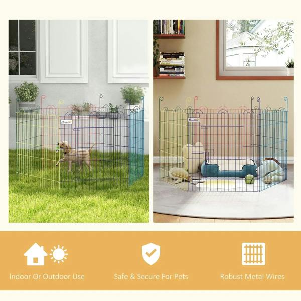 Multi-color pet playpen crate with six panels and door, shown indoors and outdoors