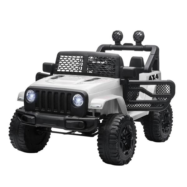 White kids electric ride-on SUV truck with black grille, mesh front, and LED-style headlights