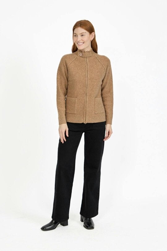 Mudflower Button Tab Collar Zip-Up Knit Cardigan with Pockets