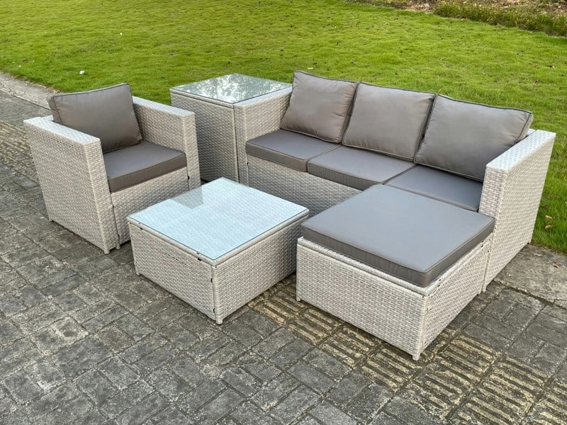 Fimous Light Grey Lounge Outdoor PE Rattan Garden Furniture Set Wicker Sofa Set Square Coffee Table Armchair Side Tea Table