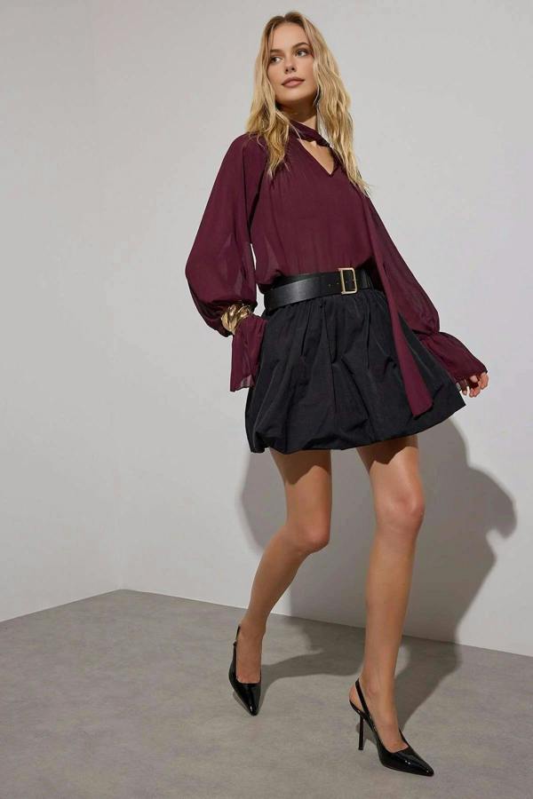 WOVCOR Super Mini Balloon Skirt with Lined Shorts and Belt Detail