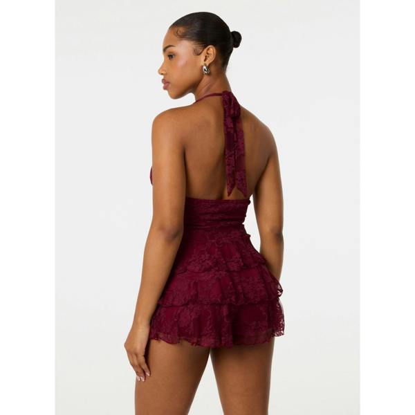 Pink Vanilla Lace Halterneck Tiered Mini Dress With Shorts