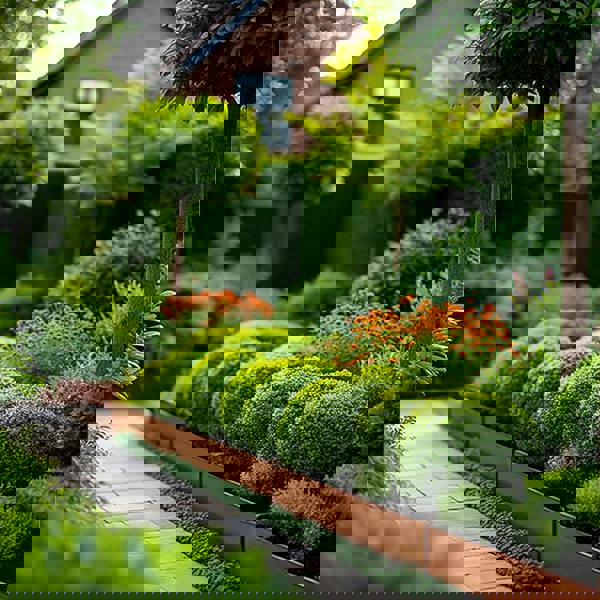 Lush garden landscape featuring Corten steel rust 15cm high garden edging used to create a raised bed for plants