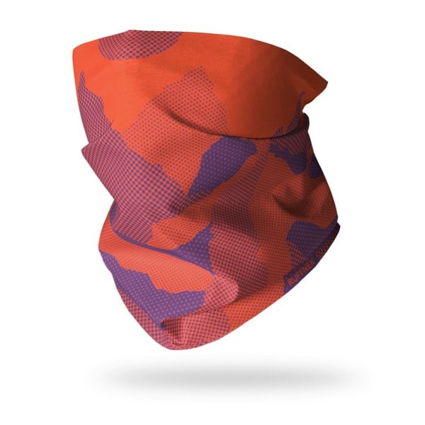 Mountains Orange RUFFNEK® snood with orange and purple abstract mountain design, ideal for hiking, cycling, skiing, and outdoor wear.  #HikingGear #CyclingStyle #SkiAccessories