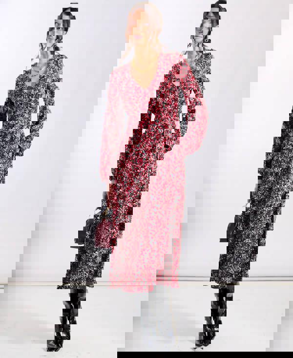 Long-Sleeve Red Floral Midi Dress