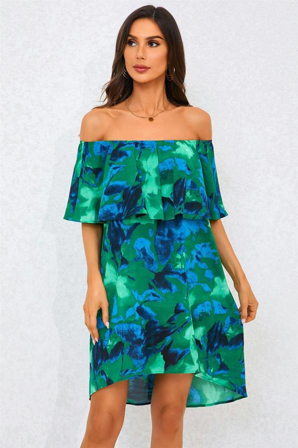 FS Collection Abstract Floral Print Bardot Frill Off Shoulder Mini Dress In Green