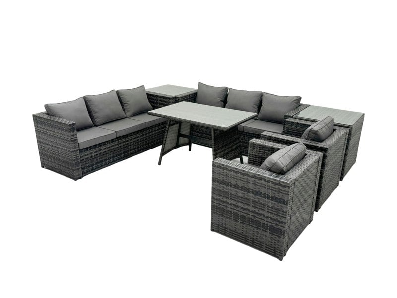 Fimous Rattan Dining Table Sofa Set with Armchair 2 Side Tables Outdoor 8 Seat Garden Furniture Set Dark Grey Mixed