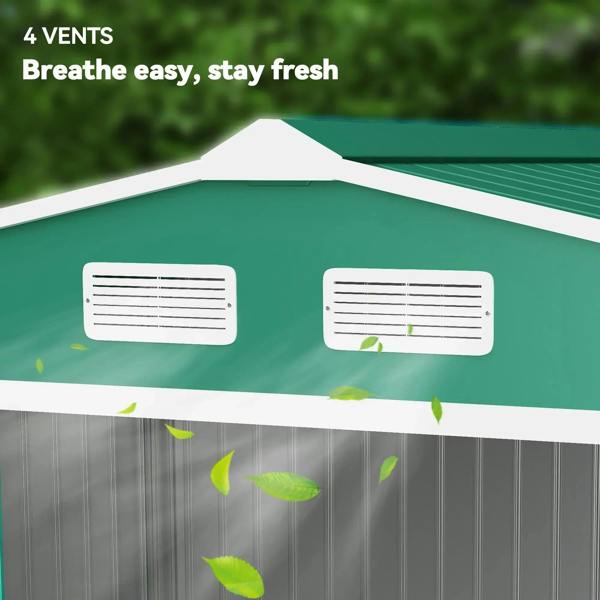 Green metal garden shed roof with two vent openings and four ventilation slots