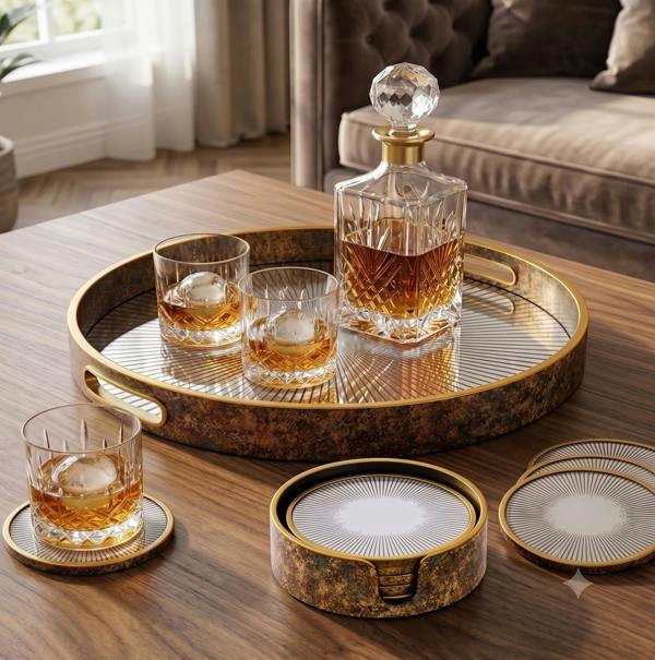 Maison des Cadeaux Sunburst Mirrored Serving Tray and 4-Piece Drink Coaster Set with Holder