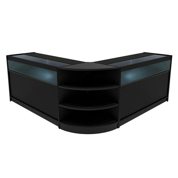 Theseus LED shop counter set in sleek black features a modern design with glass display tops and curved shelving for optimal visibility