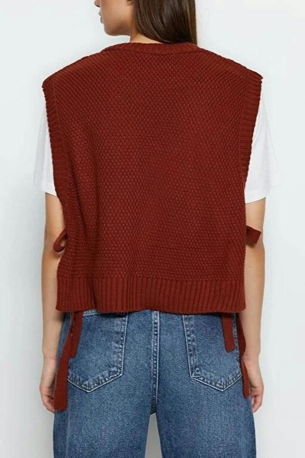 WOVCOR Crop Knit Sweater with Side Ribbon Tie Detail