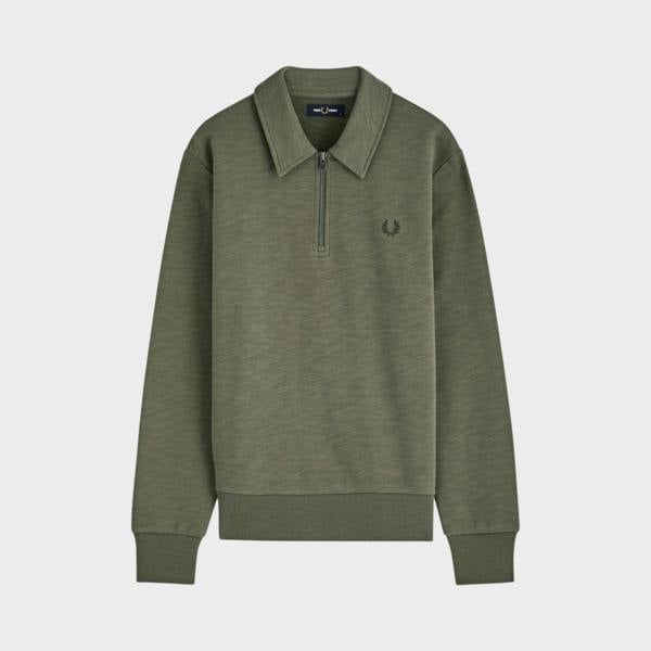 Fred Perry Laurel Wreath Logo Half Zip Collared Sweatshirt Khaki Green