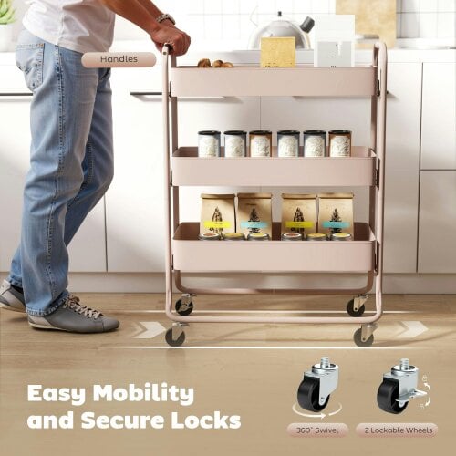 Wyld Haus Noluli Doha Metal Light Pink 3 Tier Rolling Utility Trolley With Mesh Baskets