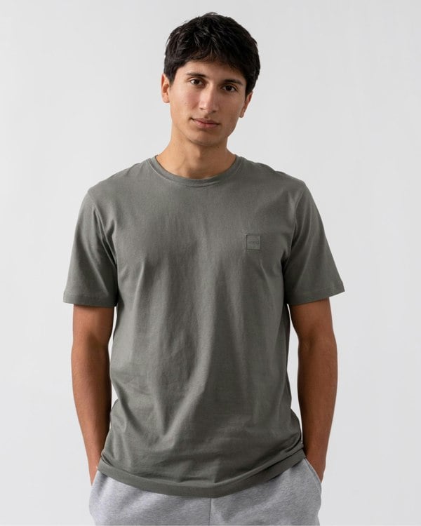 BOSS Orange Tales Mens Cotton-Jersey T-shirt With Logo Patch - Grey-Green 076 - CHO - Designer Mens Logo T-Shirts