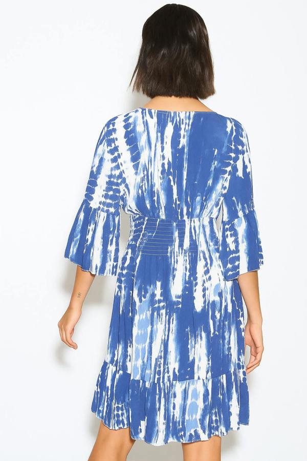 Hoxton Gal Relaxed Fit 3/4 Sleeves Shirred Waist Printed V Neck Mini Dress in Navy and White