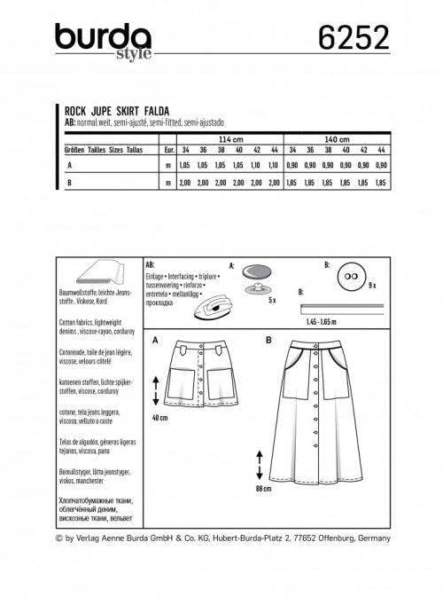 Burda Sewing Pattern 6252 Skirts For Women, 34 to 44 - Easy
