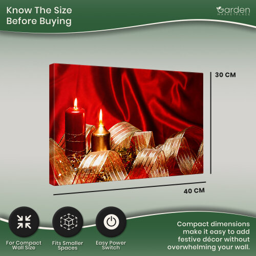 Christmas Ribbon & Candles LED Canvas Picture Print, Wooden Frame Wall Art with Switch, 40cm x 30cm, Battery Powered
