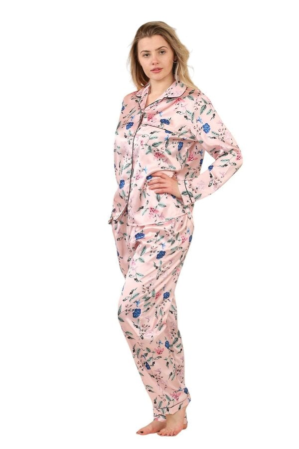 Luxury Satin Floral Pyjama Set – Long Sleeve, Button-Up & Pockets