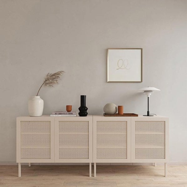 Detail view of Gummy Cane Shoe Storage, Natural Rattan & Oak with hallway bench with shoe storage