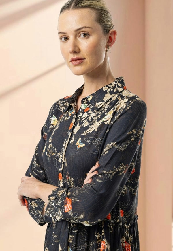 ANGELEYE Deluxe Luxurious Viscose Twill Black Shirt Midi Dress in Premium Floral Print