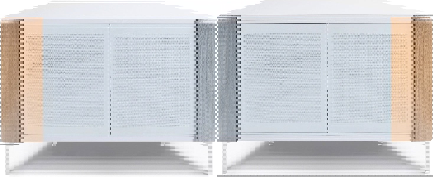 MDA Designs CORVUS Corner-Friendly Gloss White Contemporary Cabinet with Oak Profiles White BeamThru Glass Doors for Flat Screen TVs up to 50"