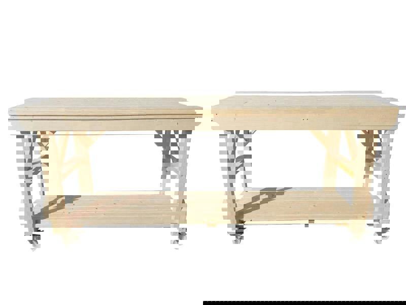 Acorn kiln-dried wooden workbench with heavy-duty swivel wheels for easy mobility ideal for workshops and garages