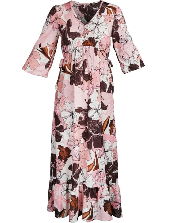 Antonia York Peach Cream Copper Print Dress | Amelia Floral Soft Jersey Maxi Dress