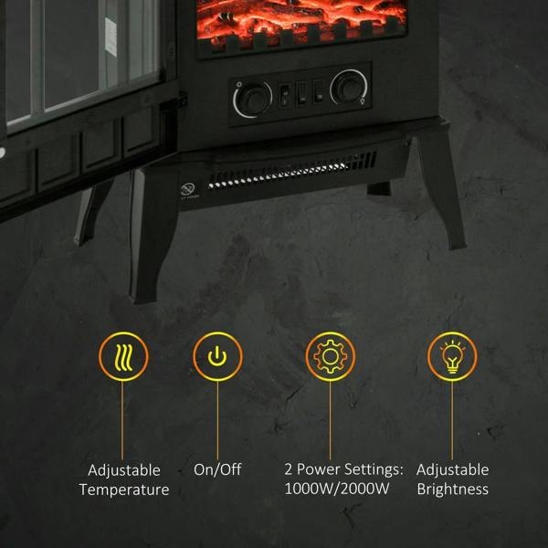 Black electric stove fireplace with front control panel and LED flame grate vent.