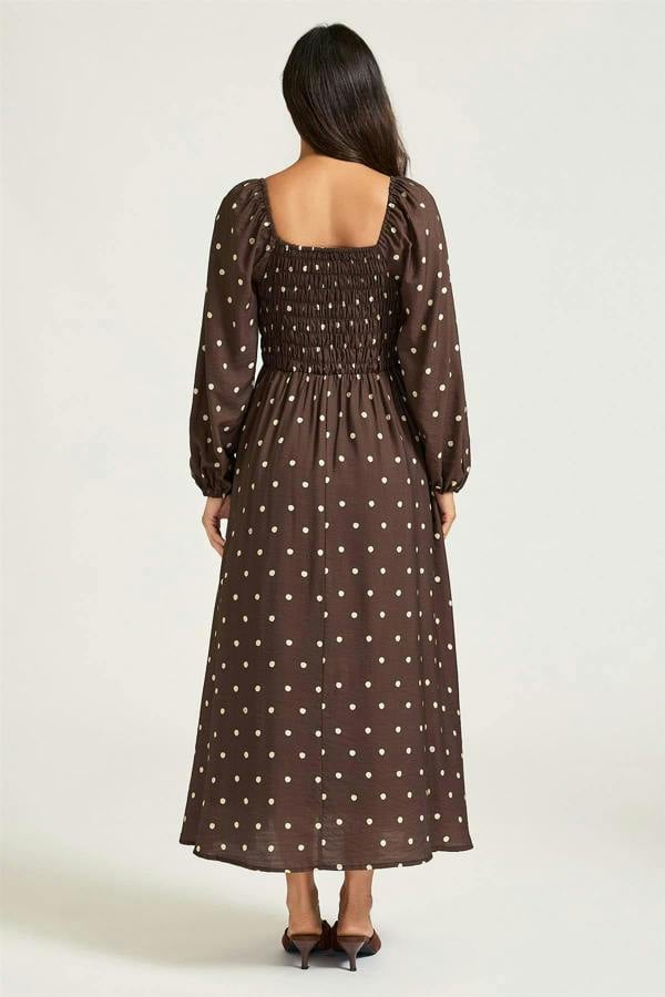 FS Collection Brown Dot Print Square Neck Midi Dress