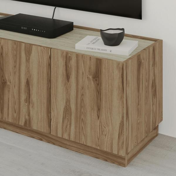 Decortie 120cm TV Stand Unit, 3 Soft-Close Doors TV Storage Cabinet Up to 50' TVs Modern Design Non Handle, Whiskey Oak,Travertine