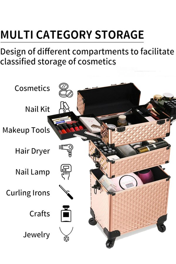 Living and Home 3 in 1 Portable Rolling Makeup Train Case Professional Large Storage Cosmetic Trolley
