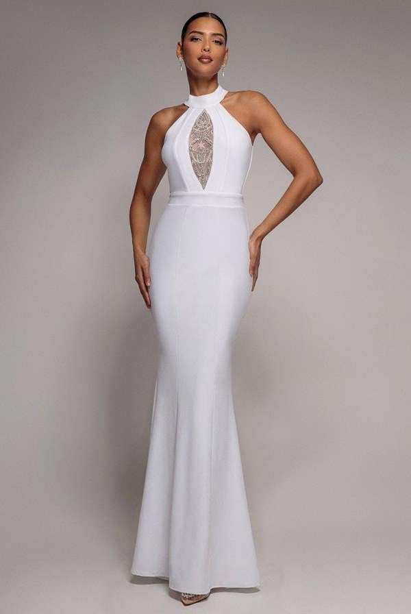 Embellished High Neck Back Cut Out Maxi Dress - White DR821W