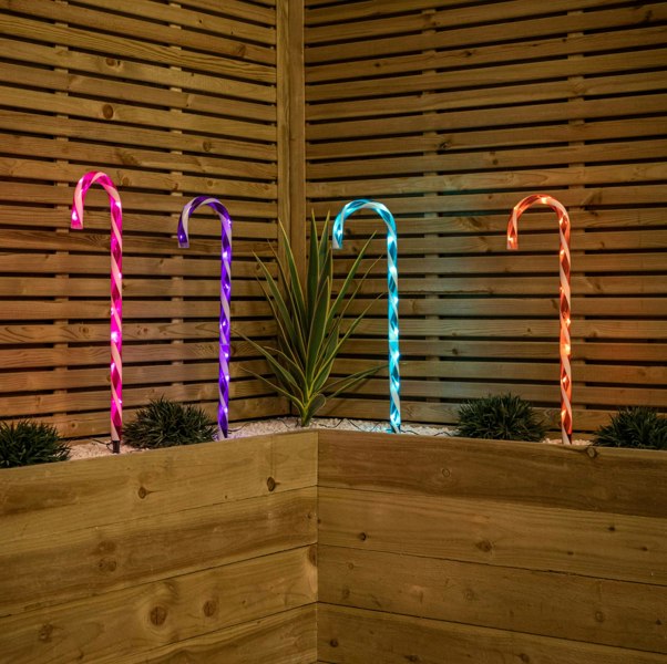 Samuel Alexander 62cm Set of 4 Light up Christmas Candy Cane Garden Path Lights with 40 Rainbow LEDs